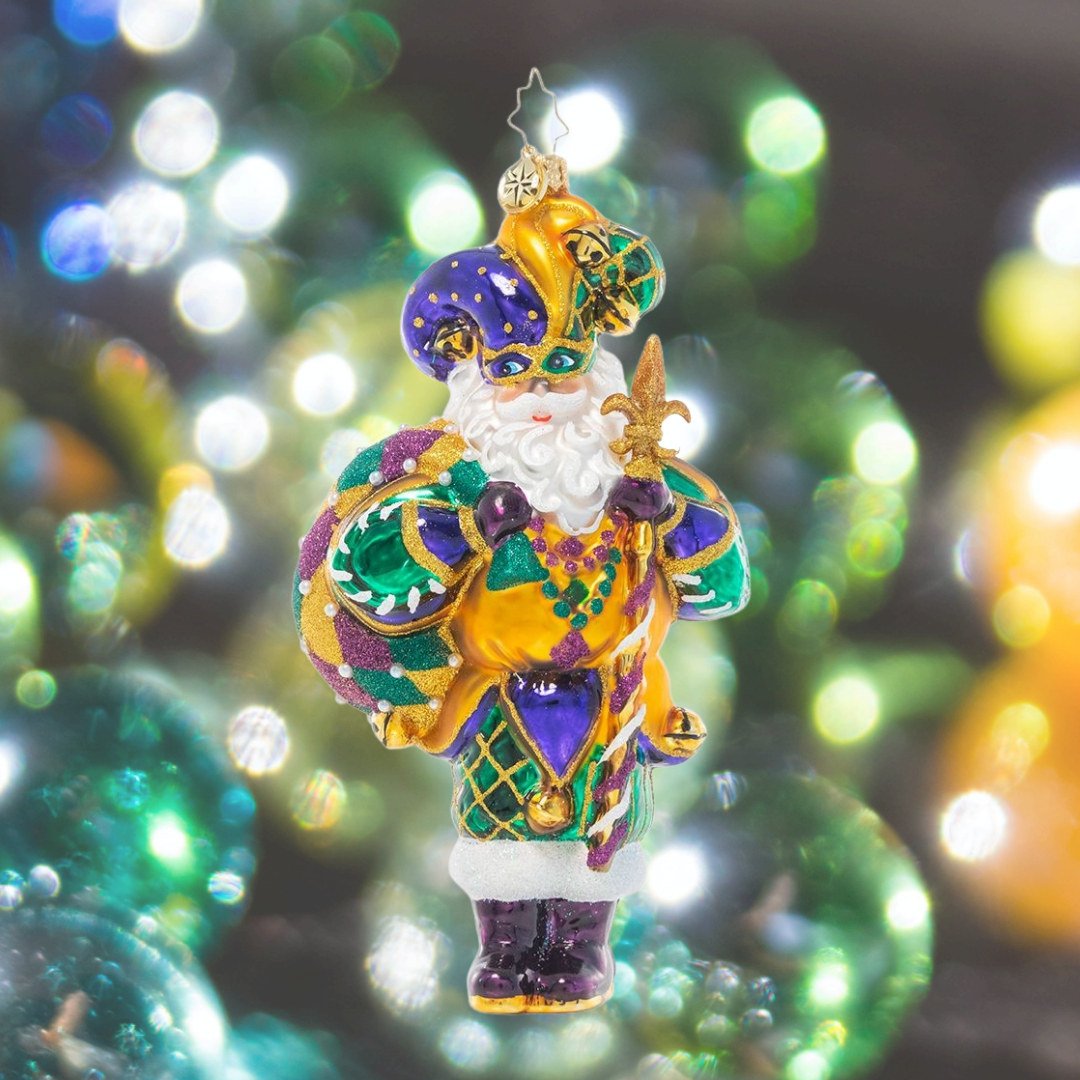 Ornament Description - Bourbon Street Santa: Let the good times roll! Santa's in New Orleans and is ready to party Mardi Gras style.