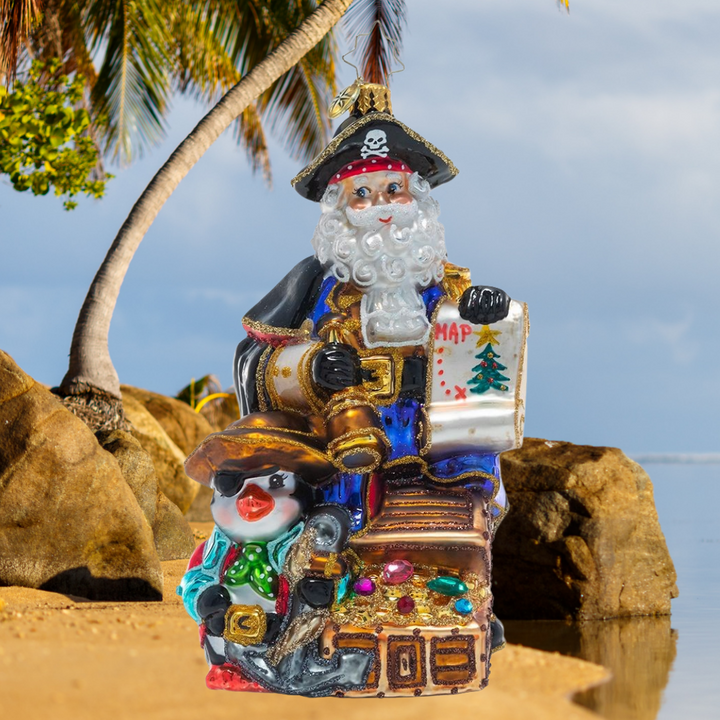 Ornament Description - Yo Ho Ho!: Say hello to Captain Claus! Santa and his crew of North Pole cuties show off the spoils of their hunt for buried pirate treasure.