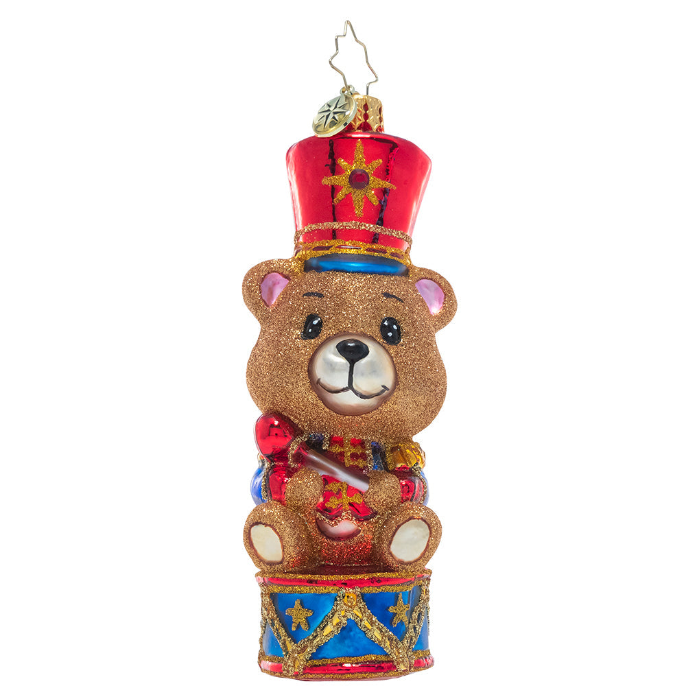 Front - Ornament Description - Tiny Teddy Drummer Boy: A-rum-pum-pum-pum! This adorable little drummer bear sits upon his drum, ready to play his way into your heart.