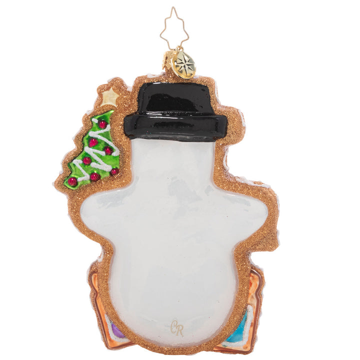 Back - Ornament Description - Gingerbread Snowman: Fresh from the oven, this darling gingerbread snowman smiles in royal icing. He aims to make the season a little sweeter with Christmas cookie gifts, bells, and trees for all!