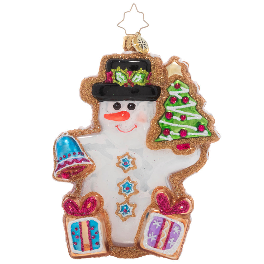 Front - Ornament Description - Gingerbread Snowman: Fresh from the oven, this darling gingerbread snowman smiles in royal icing. He aims to make the season a little sweeter with Christmas cookie gifts, bells, and trees for all!