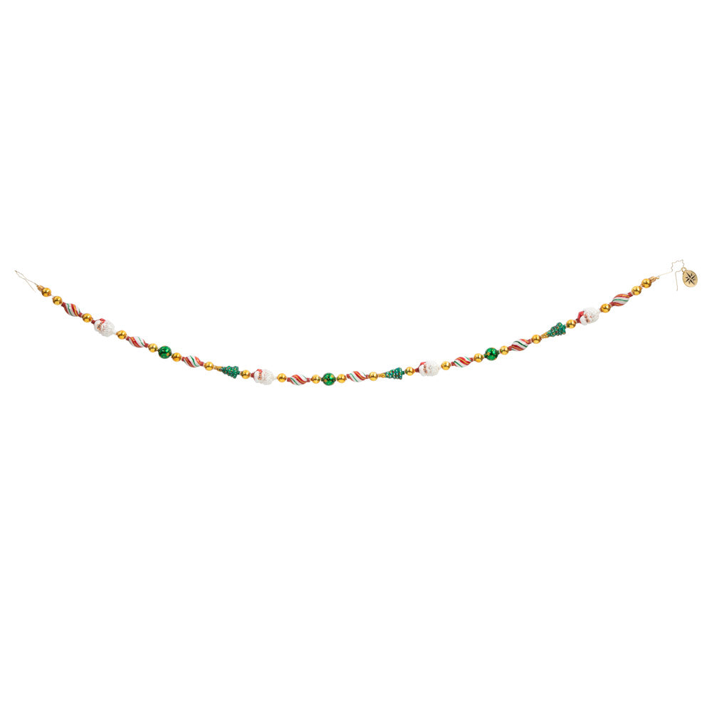 Garland/Trip Description - Garland Grandeur: Time to trim the tree! This traditional Christmas garland is a classic holiday combination of lush green trees, peppermint Christmas candy, and Santa's smiling face together with shining gold & green beads. This photo shows how the garland might hang. 