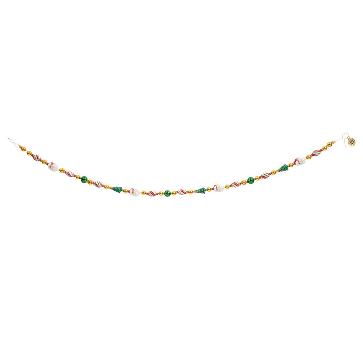Garland/Trip Description - Garland Grandeur: Time to trim the tree! This traditional Christmas garland is a classic holiday combination of lush green trees, peppermint Christmas candy, and Santa's smiling face together with shining gold & green beads. This photo shows how the garland might hang. 