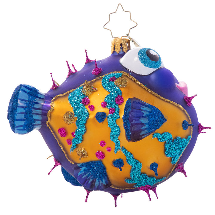 Side View - Ornament Description - All Puffed Up: Poof! This colorful pufferfish is all smiles as she shows off her secret talent. Hang her on your tree for a touch of tropical flair!