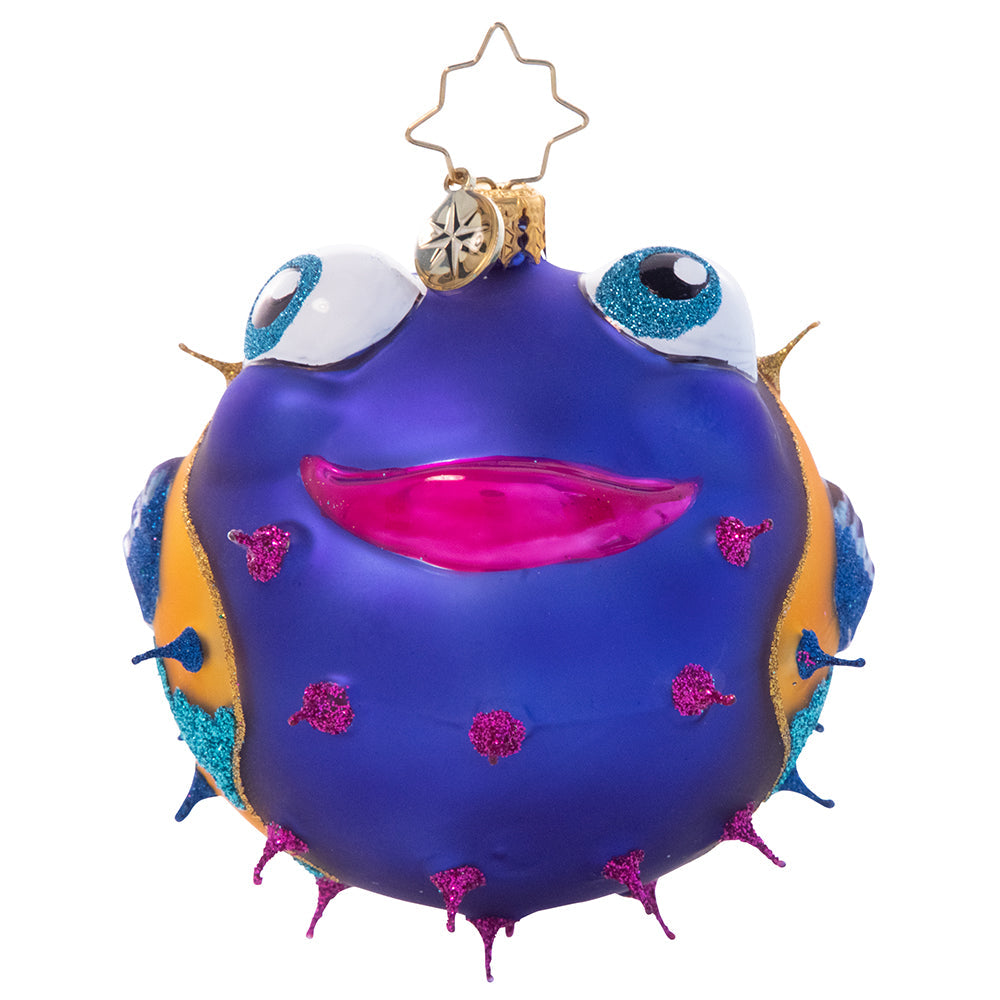 Ornament Description - All Puffed Up: Poof! This colorful pufferfish is all smiles as she shows off her secret talent. Hang her on your tree for a touch of tropical flair!