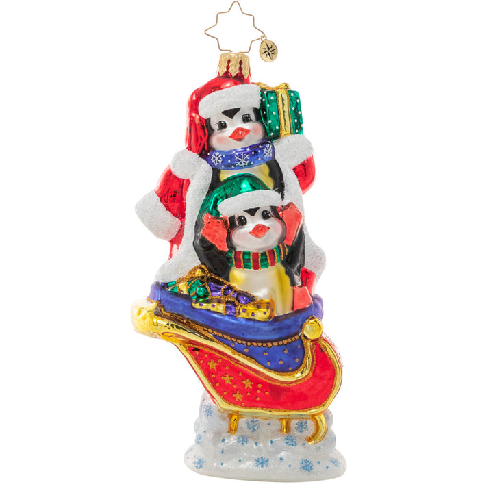 Front - Ornament Description - Silliest Sleigh Ride: A pair of polar pals is up to their tricks again, playing a little dress-up as they load Santa's sleigh for round-the-world deliveries. Good thing Santa has a sense of humor!