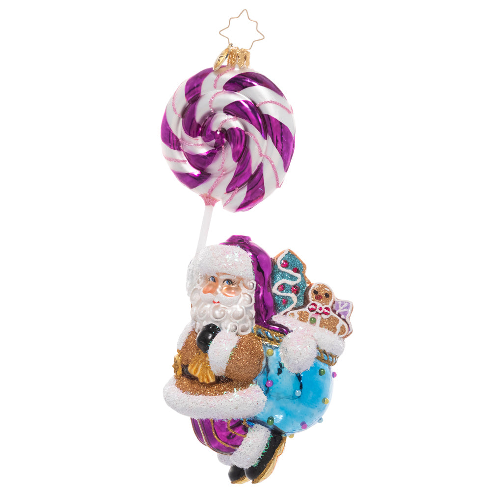 Front - Ornament Description - Lolli Jolly Christmas: May your holiday be extra sweet this year! Santa dangles from a twirly, swirly purple lollipop on his way to deliver a sack full of goodies.