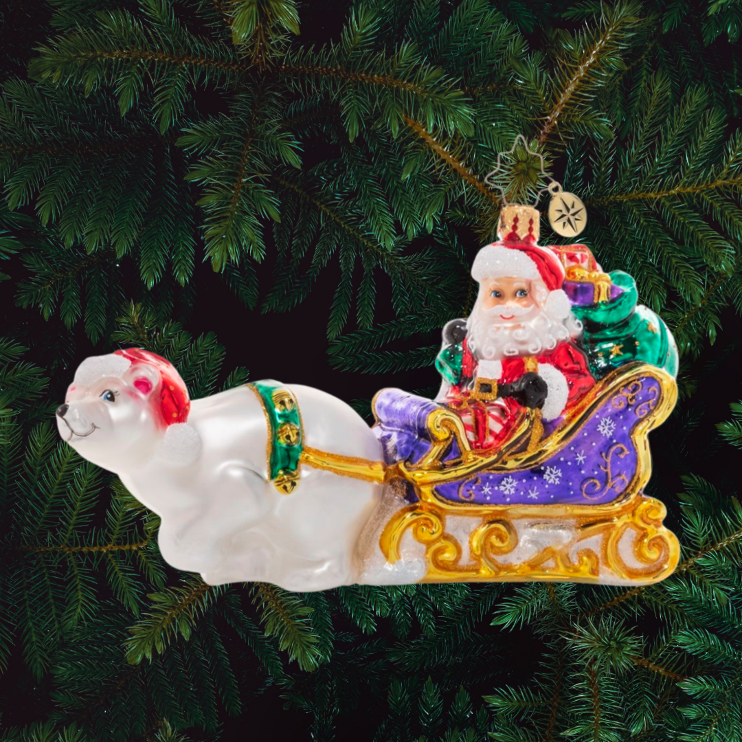 Ornament Description - Polar Bear Powered: Tally ho! Santa has given his reindeer the day off, hitching his magic sleigh to a friendly polar bear for a joy ride in the snow.