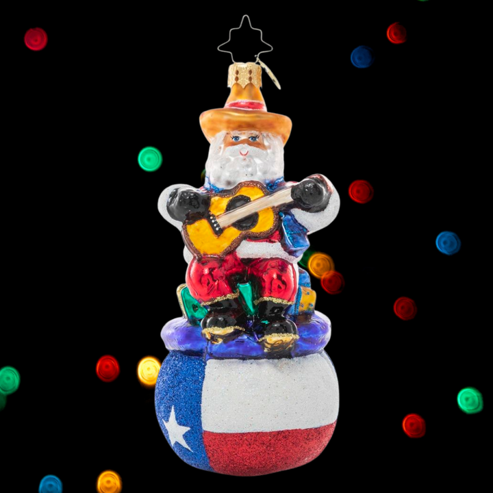 Ornament Description - Pride of Texas Santa: Ho-ho-Howdy Partner! Santa shows his love for the state of Texas, donning his cowboy best and plucking along on his guitar atop a Texas-sized sack of gifts especially for all the good boys & girls in the Lonestar State!