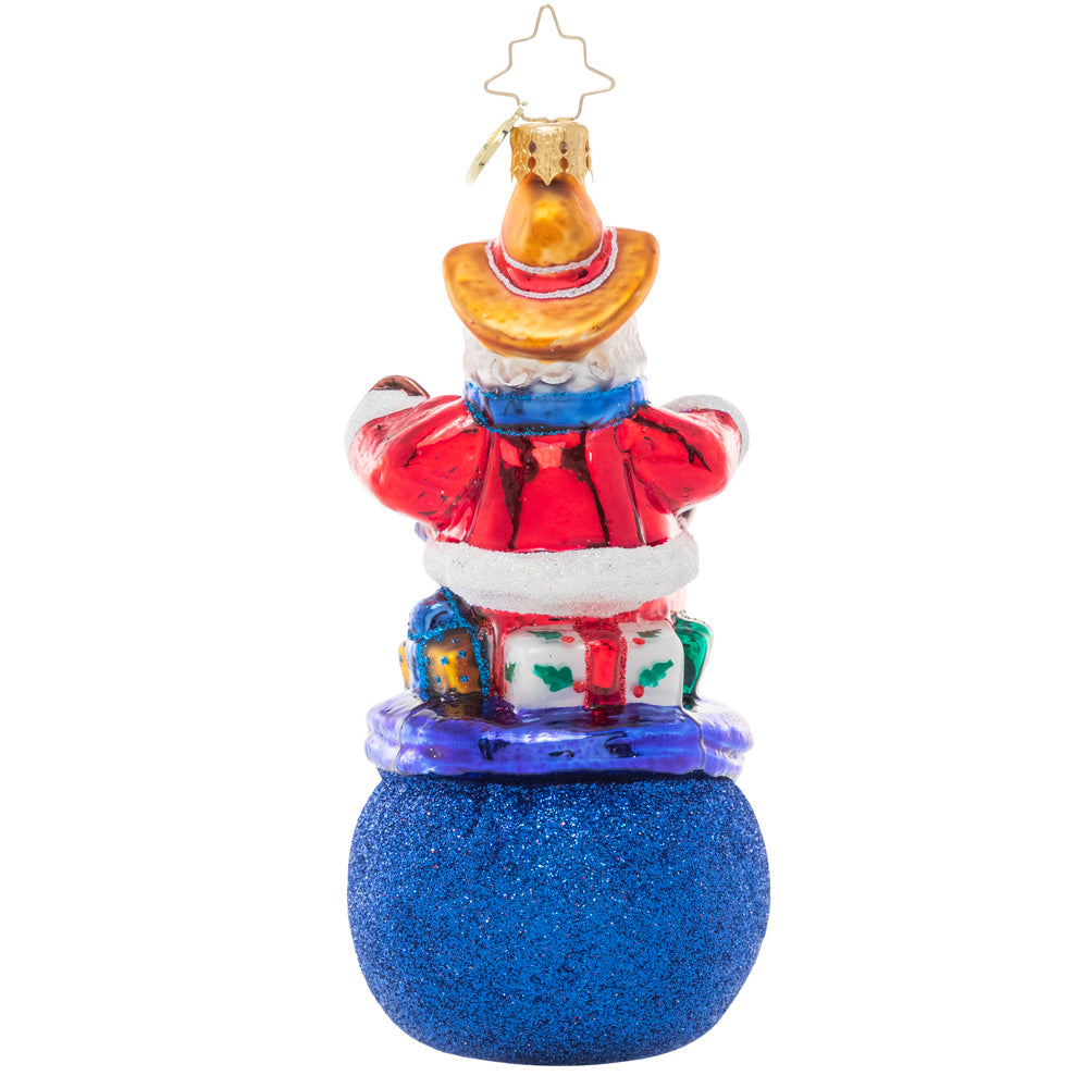 Back - Ornament Description - Pride of Texas Santa: Ho-ho-Howdy Partner! Santa shows his love for the state of Texas, donning his cowboy best and plucking along on his guitar atop a Texas-sized sack of gifts especially for all the good boys & girls in the Lonestar State!