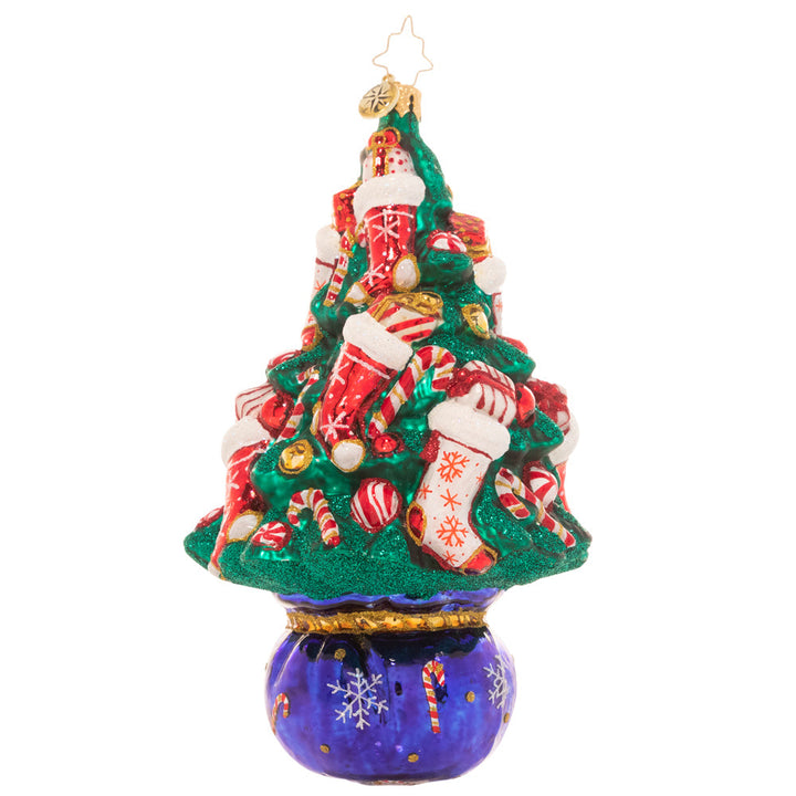 Back - Ornament Description - Candy Cane Conifer: This handsome holiday tree gets a bit of a peppermint twist with candy cane-themed ornaments. Pops of swirled red and white accent the deep green of the branches for a classic Christmas look!