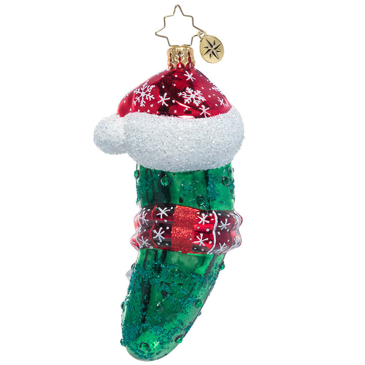 Back - Ornament Description - Chilly Christmas Pickle: The weather outside is quite frightful, but the fire is so dill-ightful! This playful pickle is all bundled up for the cold. Find him hidden in your tree for good luck!