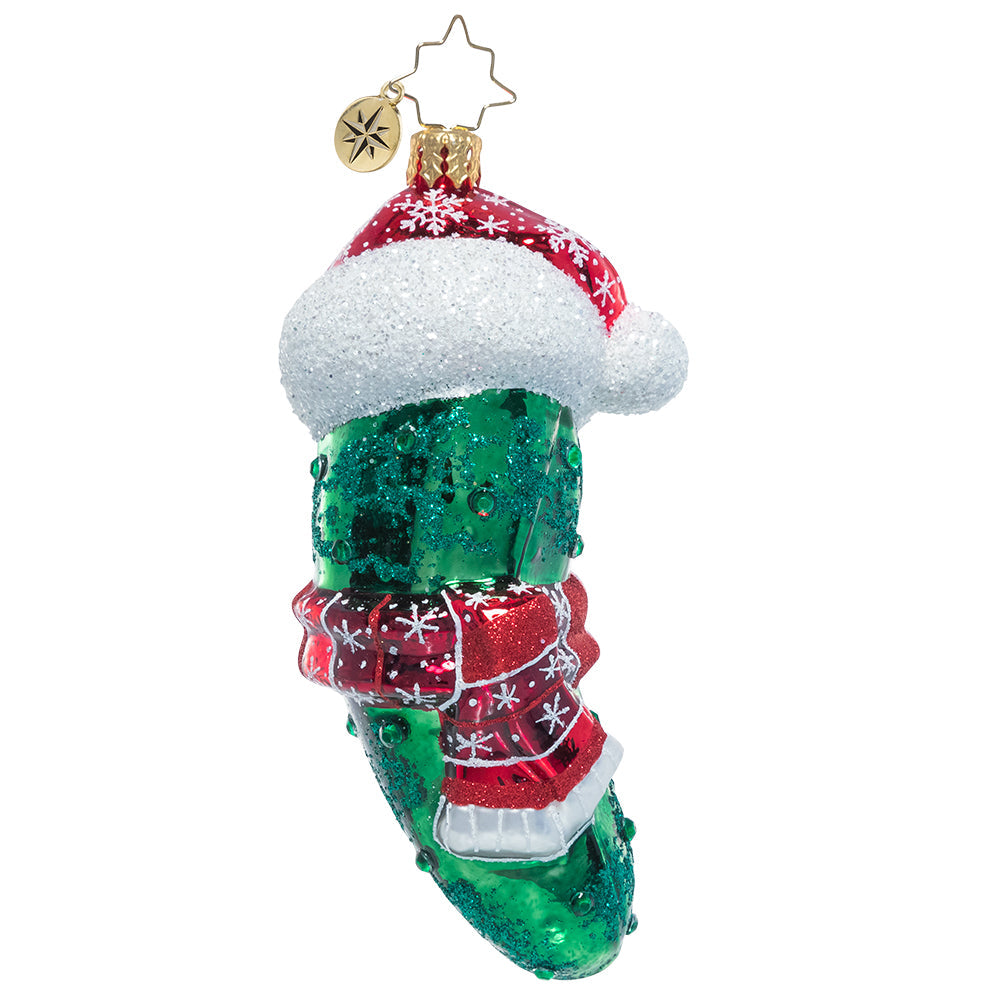 Front - Ornament Description - Chilly Christmas Pickle: The weather outside is quite frightful, but the fire is so dill-ightful! This playful pickle is all bundled up for the cold. Find him hidden in your tree for good luck!