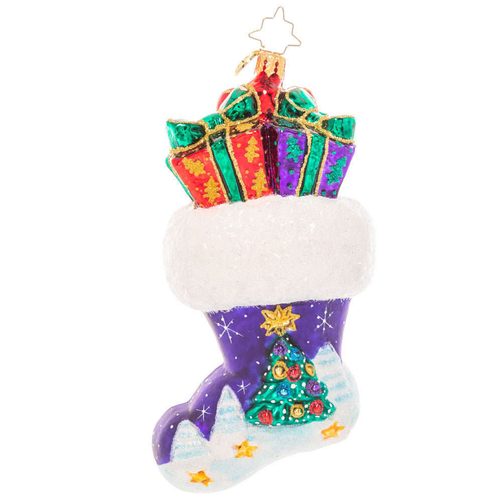 Back - Ornament Description - Night Before Christmas Stocking: And what a night it was! This classic overstuffed stocking ornament showcases a snowy Christmas Eve vignette.