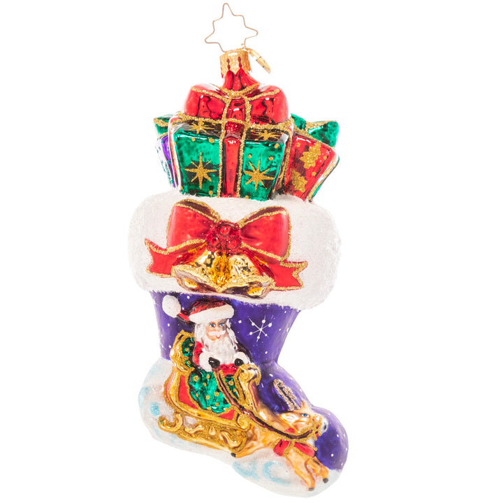 Front - Ornament Description - Night Before Christmas Stocking: And what a night it was! This classic overstuffed stocking ornament showcases a snowy Christmas Eve vignette.