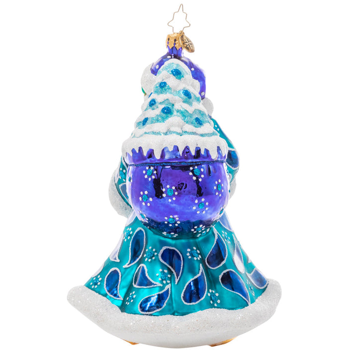 Back - Ornament Description - Fancy Fiddler Santa: Play us a tune, Santa! This luxurious traditional Claus is dressed to the nines in cool greens and blues, ready to serenade you with a sweet holiday tune on his violin. 