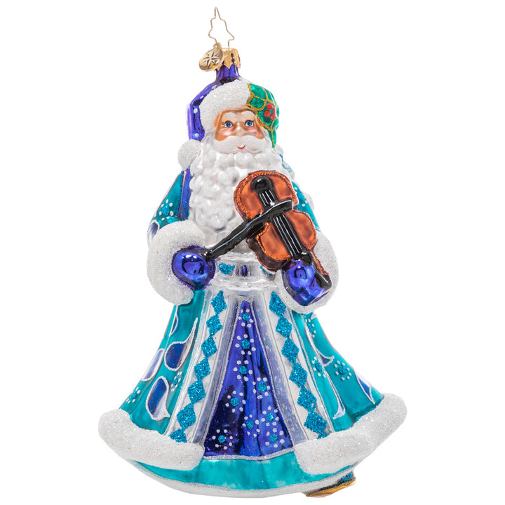 Front - Ornament Description - Fancy Fiddler Santa: Play us a tune, Santa! This luxurious traditional Claus is dressed to the nines in cool greens and blues, ready to serenade you with a sweet holiday tune on his violin. 