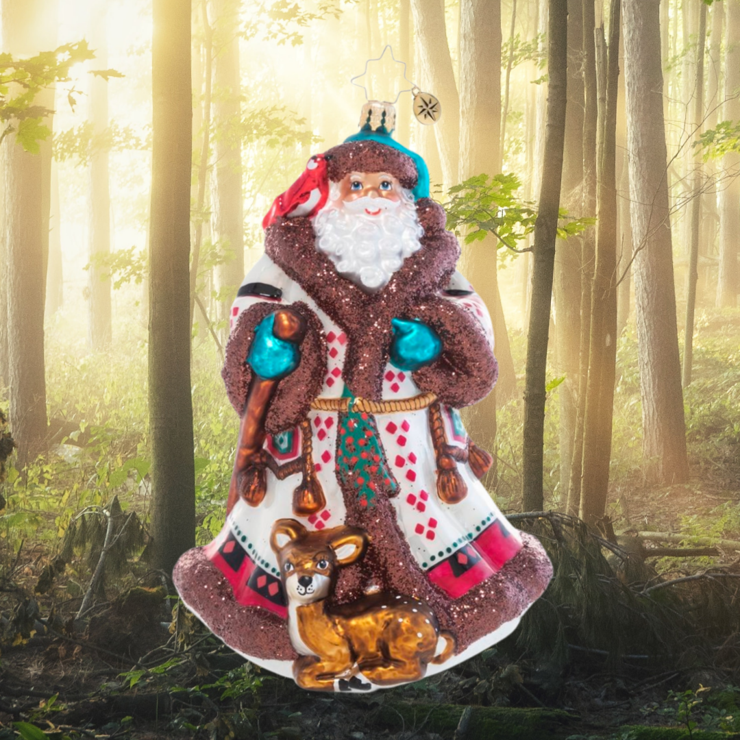 Ornament Description - Woodland Magic Santa: Swathed in traditional Christmas tartan, Santa Claus looks every bit the magical woodland elf he is. He's right at home with forest friends during his nightly walk through the trees!