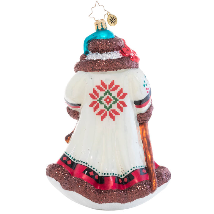 Back - Ornament Description - Woodland Magic Santa: Swathed in traditional Christmas tartan, Santa Claus looks every bit the magical woodland elf he is. He's right at home with forest friends during his nightly walk through the trees!