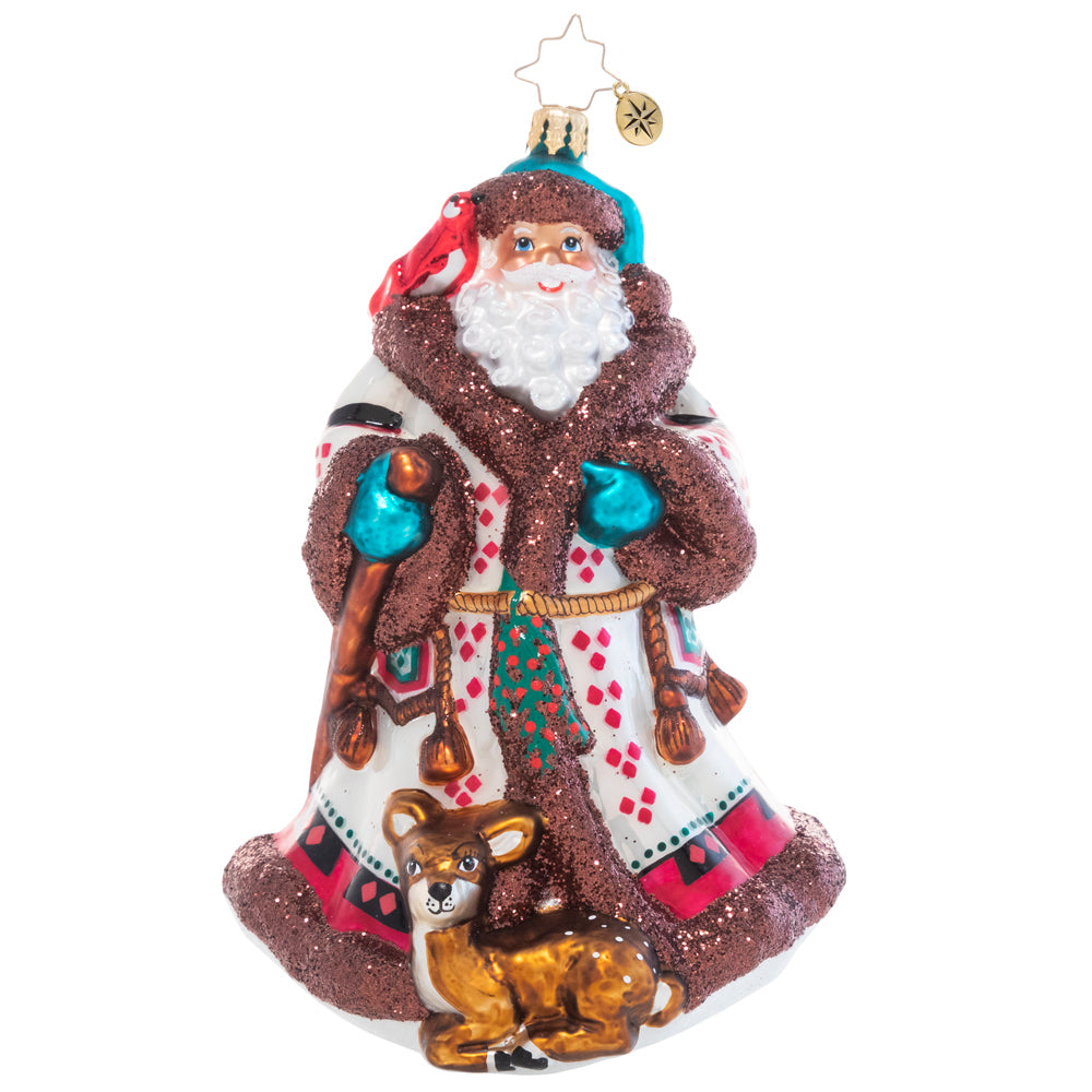 Front - Ornament Description - Woodland Magic Santa: Swathed in traditional Christmas tartan, Santa Claus looks every bit the magical woodland elf he is. He's right at home with forest friends during his nightly walk through the trees!