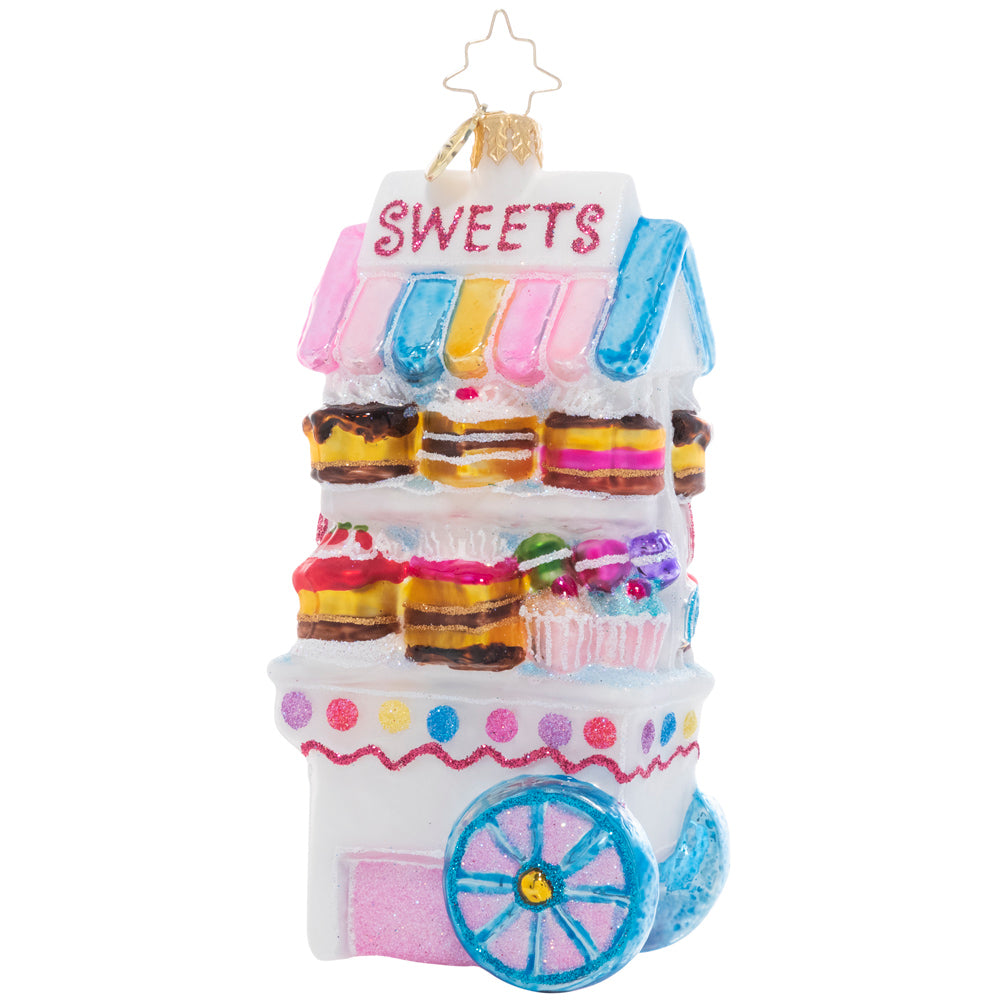 Back - Ornament Description - Sweets For Sale: It's the best time of the year – the holiday candy cart is open for business! Satisfy your sweet tooth with one of the tasty treats for sale, or get in the spirit of giving and share with a friend.