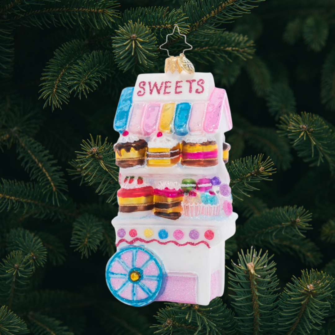 Ornament Description - Sweets For Sale: It's the best time of the year – the holiday candy cart is open for business! Satisfy your sweet tooth with one of the tasty treats for sale, or get in the spirit of giving and share with a friend.