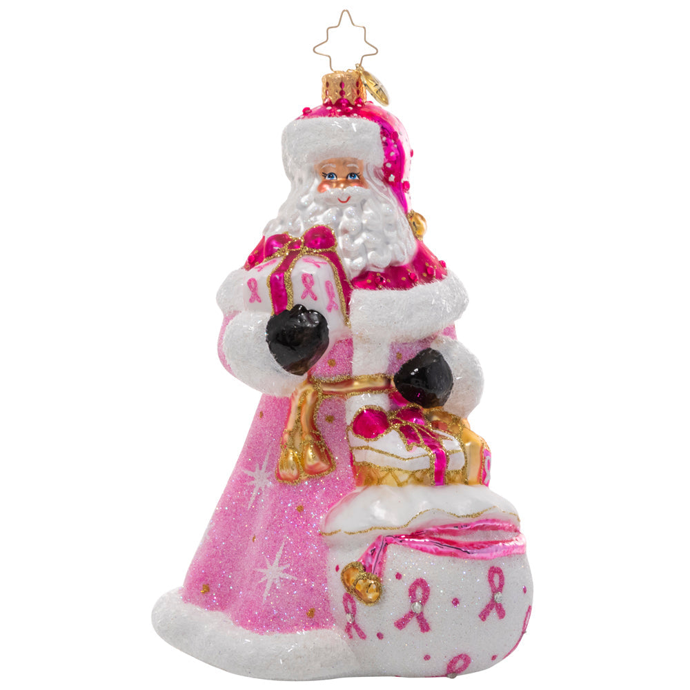 Front - Ornament Description - Sending Strength Santa: Pretty – and powerful! – in pink! Santa shows his support for every life touched by breast cancer, donning his finest furs in the cause's signature color. A percentage of the sales from this ornament will benefit a charity that raises Breast Cancer awareness.