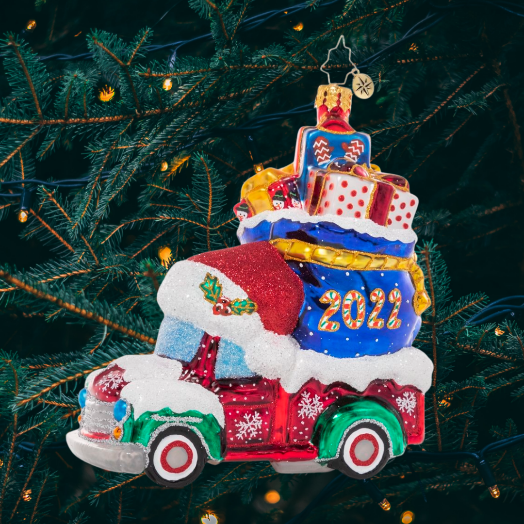 Ornament Description - Happy Haul-idays: Looks like someone has been on the nice list this year! Stacked high with special gifts for loved ones, this cheery Christmas truck is looking ready for the season of giving.