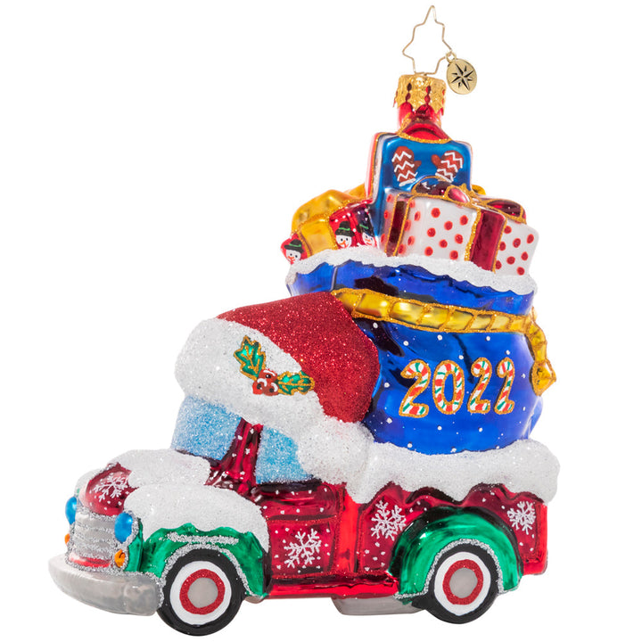 Front - Ornament Description - Happy Haul-idays: Looks like someone has been on the nice list this year! Stacked high with special gifts for loved ones, this cheery Christmas truck is looking ready for the season of giving.