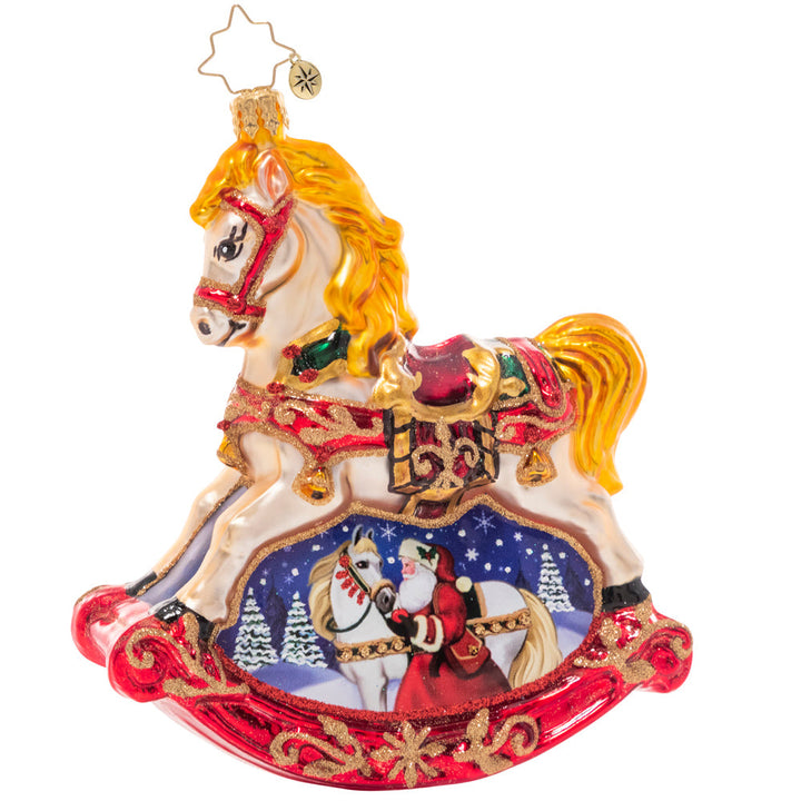 Front - Ornament Description - Resplendent Rocking Horse: Shining in holiday colors of rich red, bright gold, emerald green and midnight blue, this ornate rocking horse embodies timeless Christmas tradition. The wintry vignette beneath reveals a sweet moment between Santa and his noble steed.