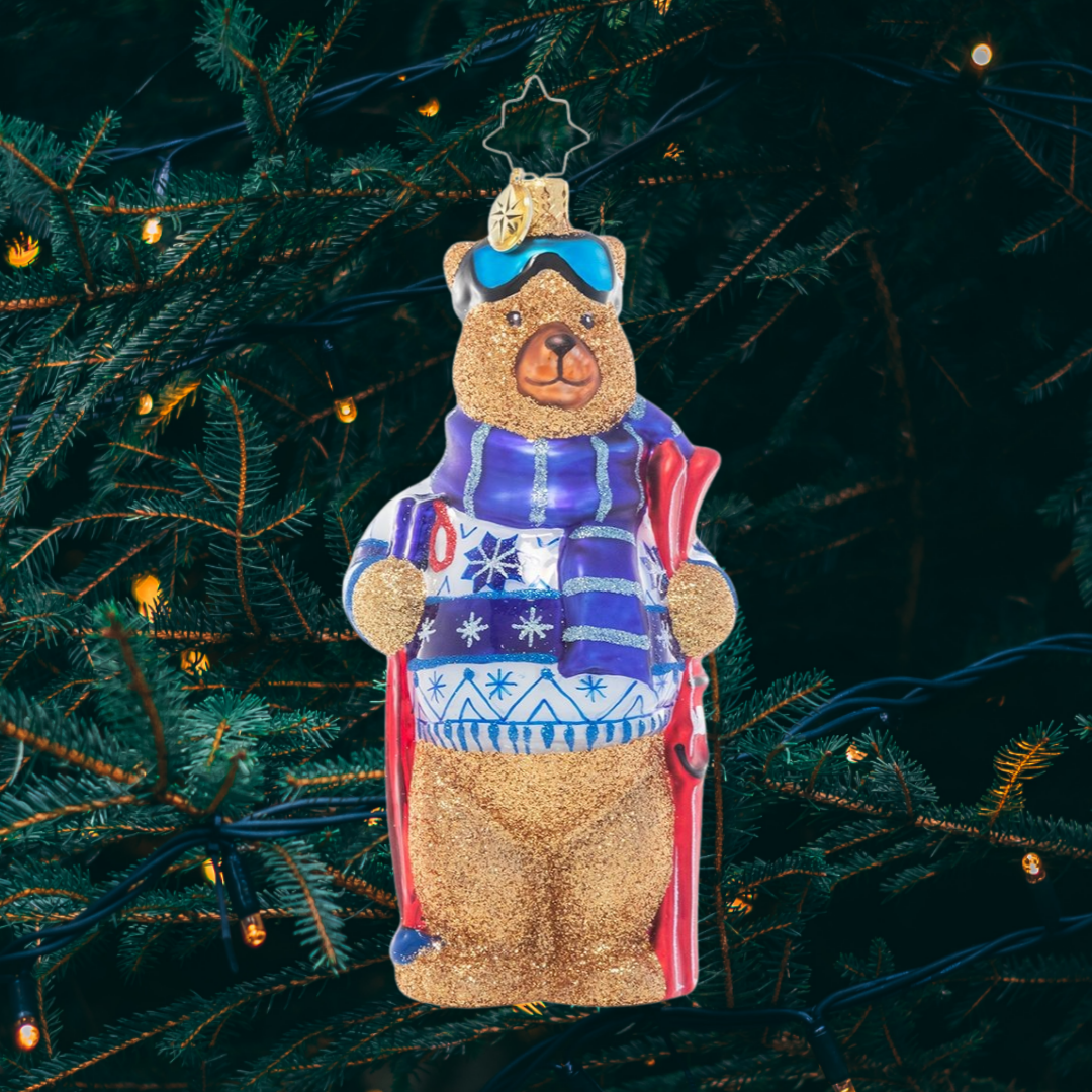 Ornament Description - Fuzzy Wuzzy Skier: This bundled up bear looks poised to hit the slopes! He's looking forward to a bluebird day and a hot cup of cocoa afterward.