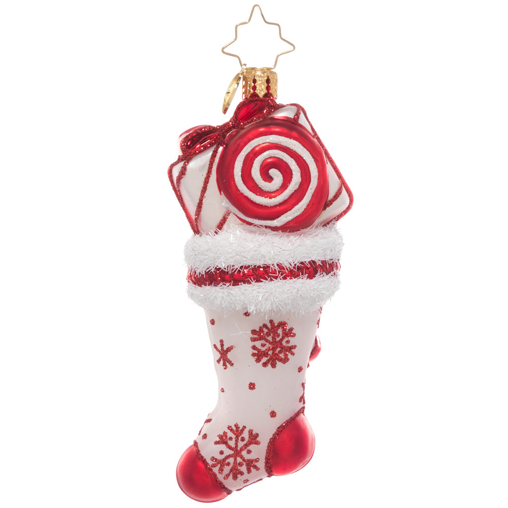 Back - Ornament Description - Peppermint Swirl Stocking: This glittering red & white stocking is stuffed full of sweet surprises! Peppermint swirls, lollipops and candy canes make it an extra special treat. Wonder what other fun things might be inside?