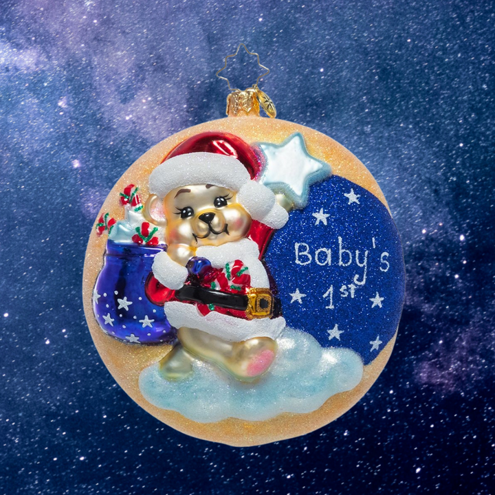 Ornament Description - Darling 1st Christmas: Most precious! Your little one's first Christmas is a cherished occasion…mark it with this precious keepsake featuring cheerful Santa bear, a sparkly starry sky, and a serene crescent moon.