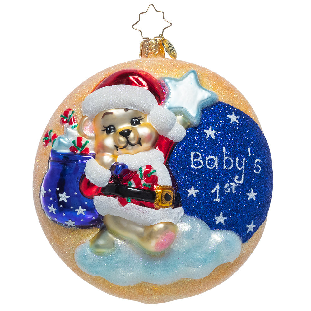 Front - Ornament Description - Darling 1st Christmas: Most precious! Your little one's first Christmas is a cherished occasion…mark it with this precious keepsake featuring cheerful Santa bear, a sparkly starry sky, and a serene crescent moon.