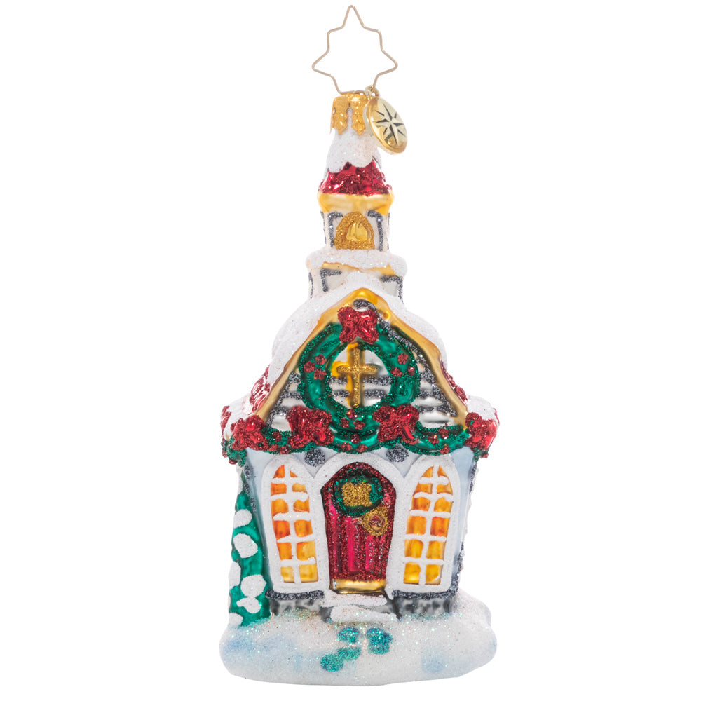 Front - Ornament Description - Christmas Tradition Chapel: Decorated for Christmas and covered in fresh snow, this tiny town chapel welcomes one and all home for the holidays. After all, no celebration is complete without family and friends to share it with!