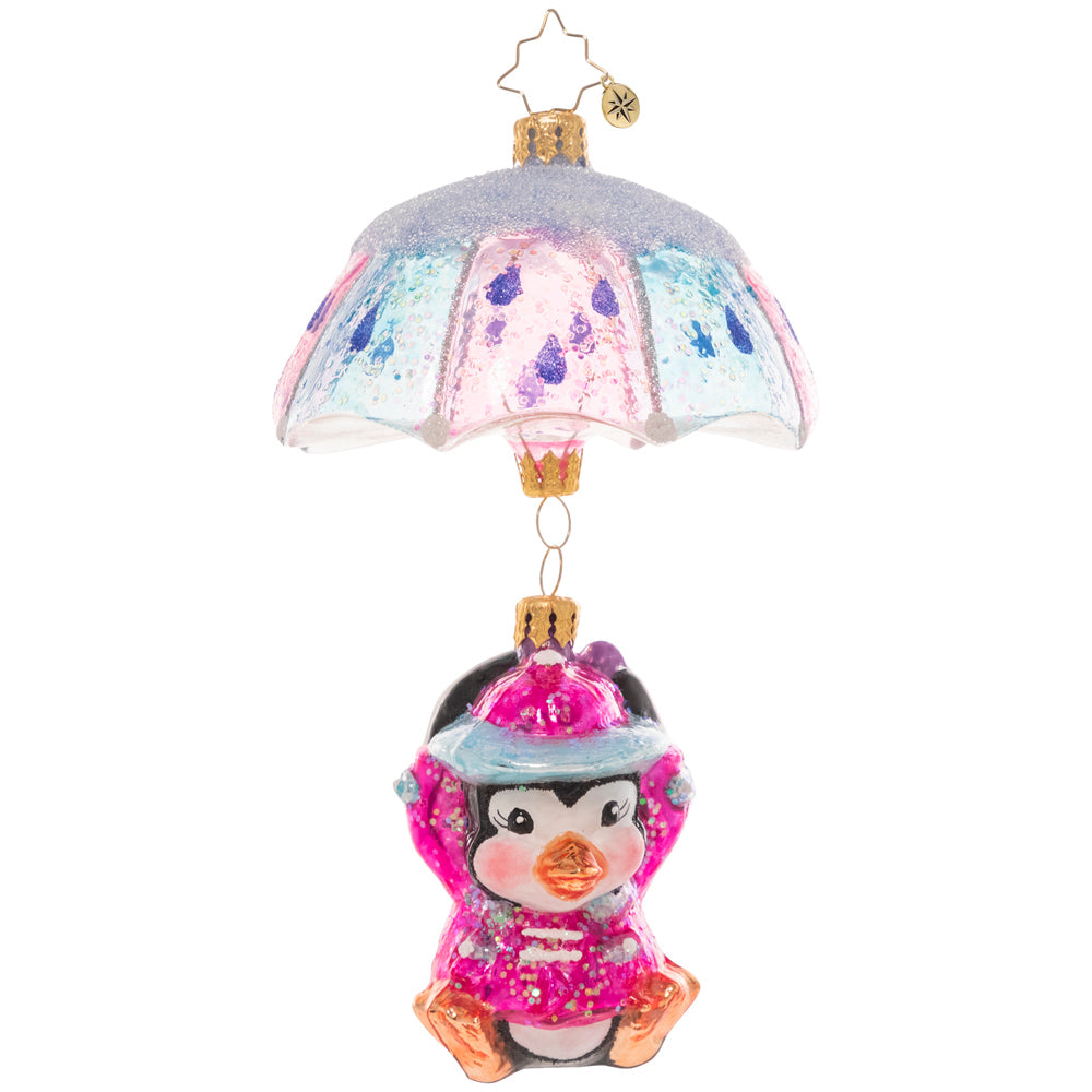 Front - Ornament Description - When It Rains It Pours: Look out below! This adorable penguin pal is drifting in with the snowfall on a pastel parasol.