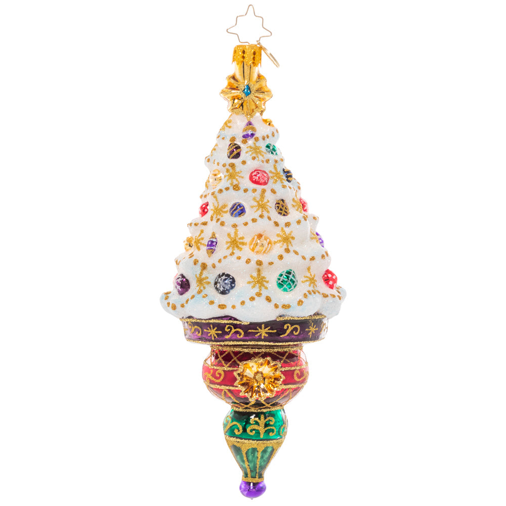 Back - Ornament Description - Christmas Treasures Tree: Treat yourself to a resplendent white Christmas with this ornate tree icicle ornament! Detailed with gold filigree and jewel-toned ornaments, this snow-white Christmas tree is the perfect pop of luxe sparkle for your collection! This special ornament has been hand-picked by the Radko team to be part of the Limited Edition collection.