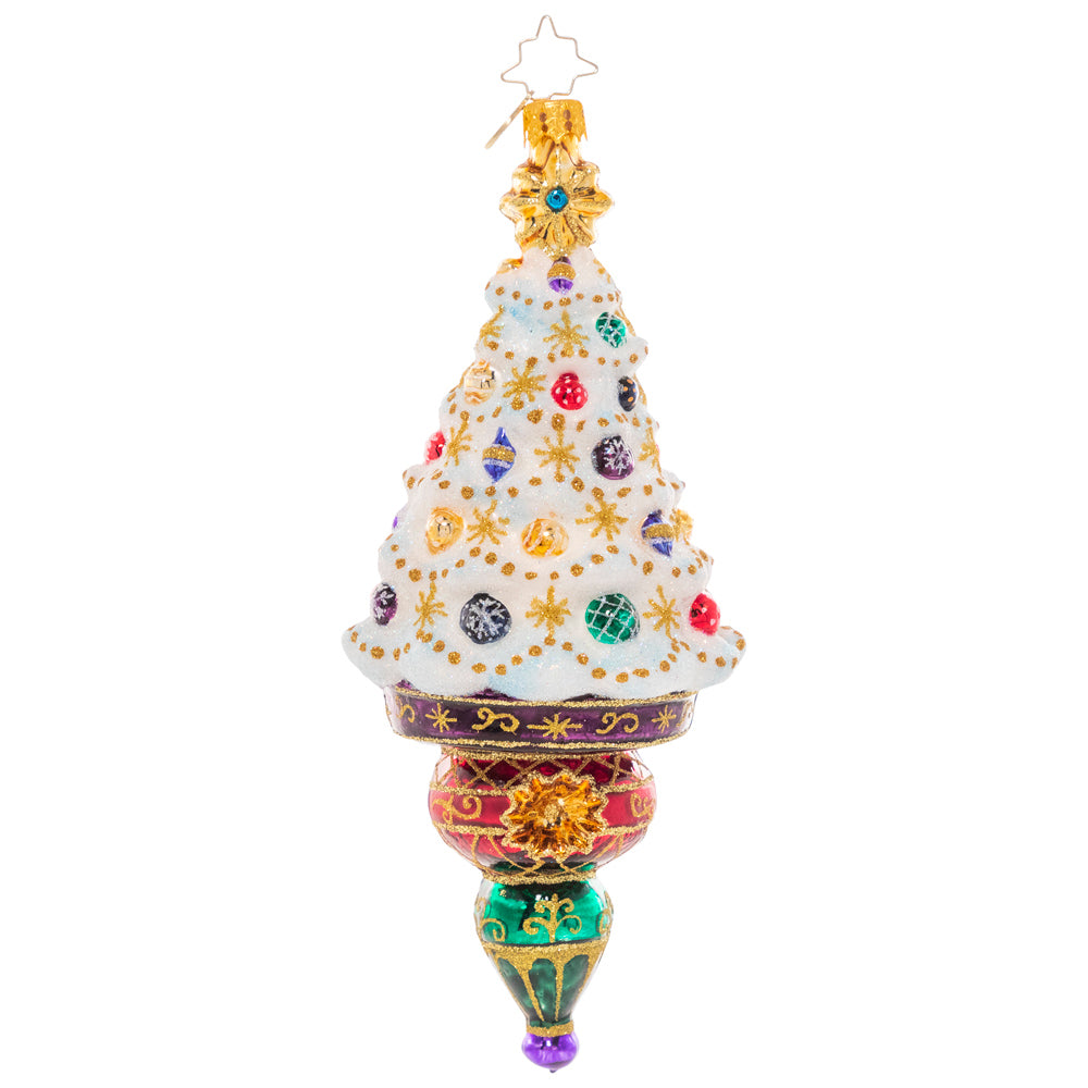 Front - Ornament Description - Christmas Treasures Tree: Treat yourself to a resplendent white Christmas with this ornate tree icicle ornament! Detailed with gold filigree and jewel-toned ornaments, this snow-white Christmas tree is the perfect pop of luxe sparkle for your collection! This special ornament has been hand-picked by the Radko team to be part of the Limited Edition collection.