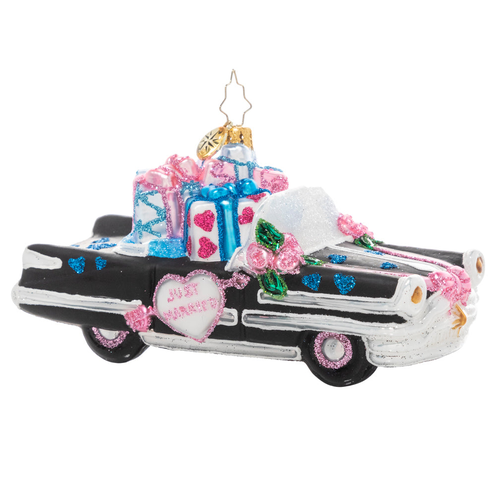 Front - Ornament Description - Wedding Day Getaway: Now that's what I call a getaway car! Send the newlyweds off in style in this classic cruiser decorated with wedding florals and filled with wedding gifts.
