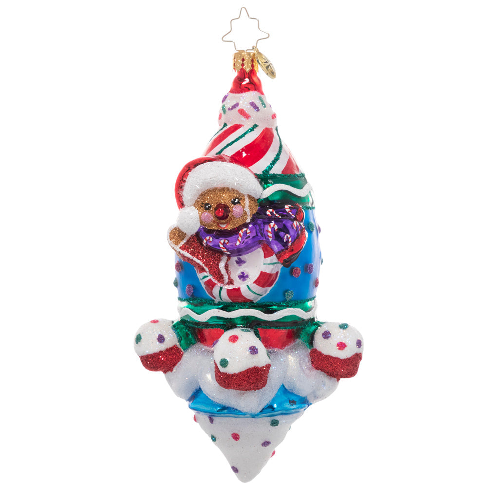 Front - Ornament Description - Tasts of Space: A super sweet rocket ship blasts into space piloted by a smiling gingerbread man. Good thing he's bundled up – it gets cold up there!