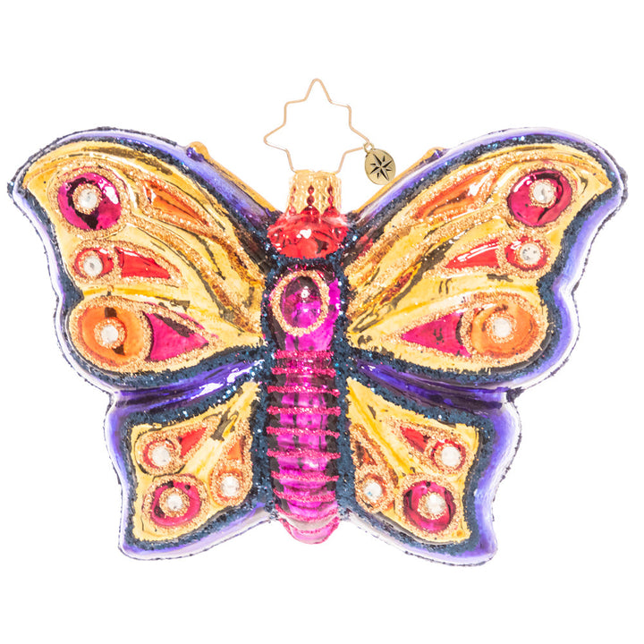 Back - Ornament Description - Wings Of Gold: Floating on gilded wings, this opulent jewel-toned butterfly ornament is as beautiful as it is delicate. Celebrate a unique miracle of nature's beauty with this eye-catching piece!