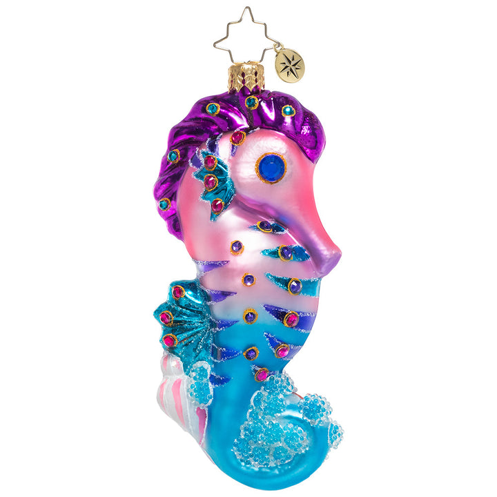 Back - Ornament Description - Jewels of the Sea: Bring the beach home with this colorful and bubbly seahorse ornament! Painted in tropical brights and shimmering glitter accents, this tiny sea creature adds the sparkle of the shore to your Christmas tree.