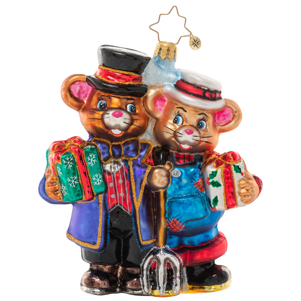 Ornament Description - A "Tail" of Two Cities: You know what they say--opposites attract! A simple city mouse and his posh country cousin come together to share the holiday and remember that we're all more alike than we are different.