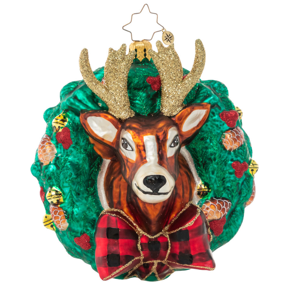 Front - Ornament Description - Rustic Reindeer Wreath: Dasher or Dancer, Prancer or Vixen? One of Santa's trusted regular-nosed reindeers peeks through a holiday wreath in this festive ornament.