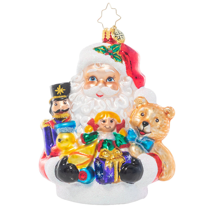 Ornament Description - Armload of Cheer: This old-fashioned Santa has arrived! He smiles brightly with an armload of traditional cheer for good little boys and girls.
