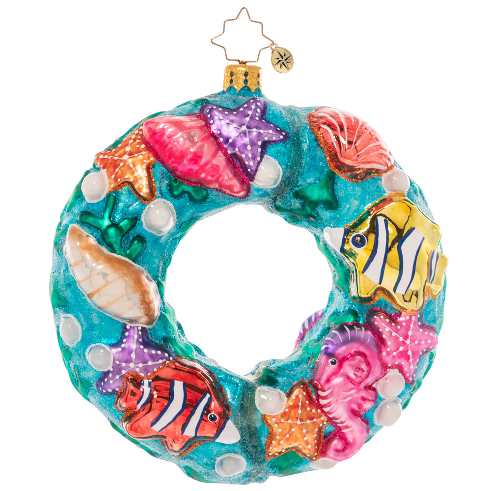Front - Ornament Description - Under The Sea Wreath: A coral reef comes alive with this ocean-themed wreath ornament! Brightly colored fish, starfish and seashells swirl together to remind us of the unique beauty of the tropical seas.