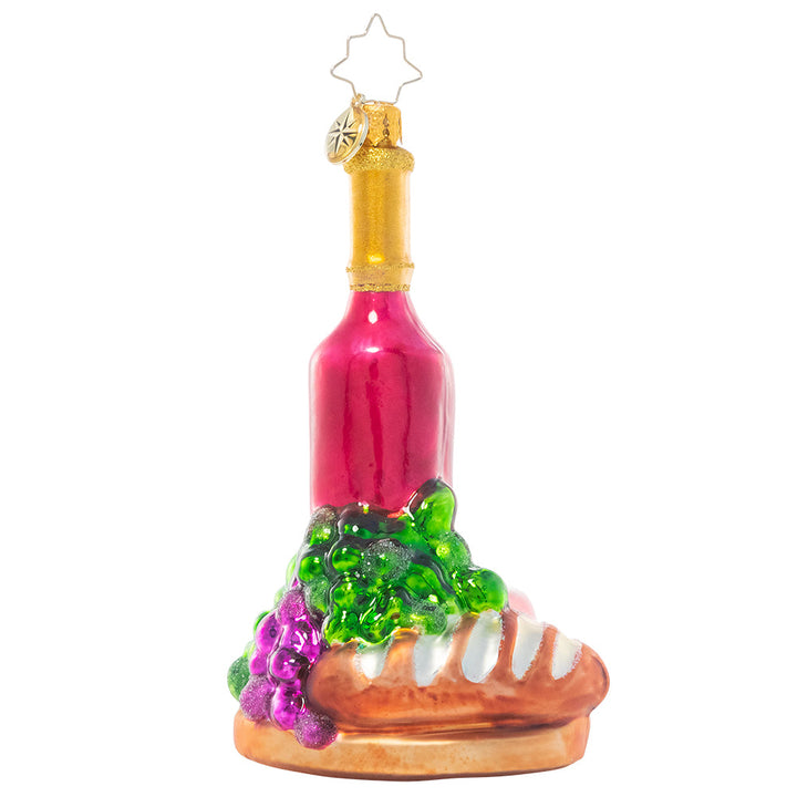 Back - Ornament Description - Sophisticated Spread: Peace on earth, goodwill to men…we'll cheers to that! This festive ornament features all the fixings of a delicious gathering plate – bread, grapes, and of course, wine – perfect for any gourmand on your list.