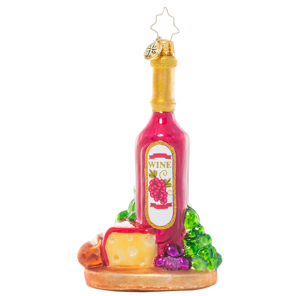 Front - Ornament Description - Sophisticated Spread: Peace on earth, goodwill to men…we'll cheers to that! This festive ornament features all the fixings of a delicious gathering plate – bread, grapes, and of course, wine – perfect for any gourmand on your list.