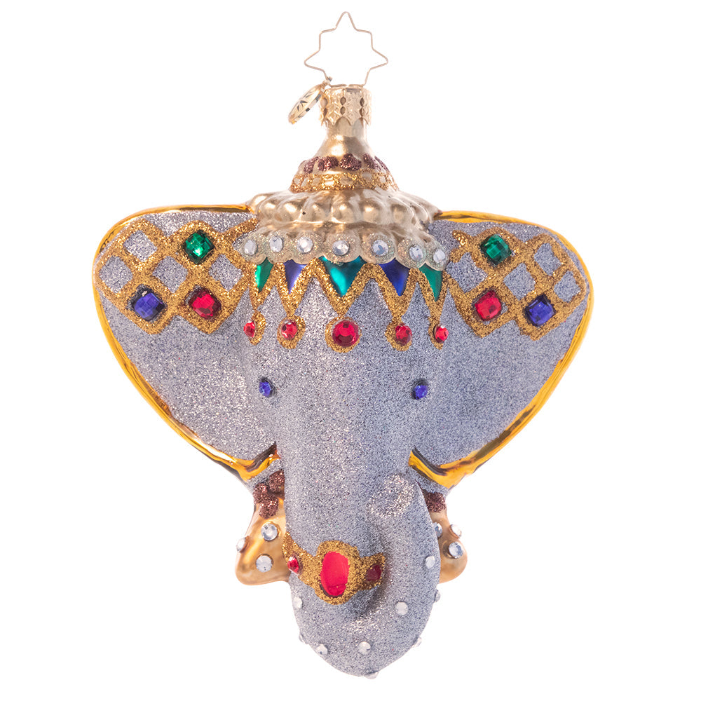 Front - Ornament Description - Opulent Elephant: Beckon the far east home with this stunning Indian elephant ornament. Adorned with bold jewels and rich gold, this elegant icon is said to bestow wisdom and good fortune to the home of all who possess it.
