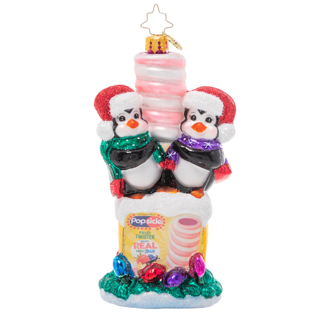 Front - Ornament Description - Popsicle Penguin Pals: Brrr! This pair of penguin pals is truly in their element atop a frosty box of Popsicle frozen treats. After all, they take "chilling" with friends very seriously at the North Pole!